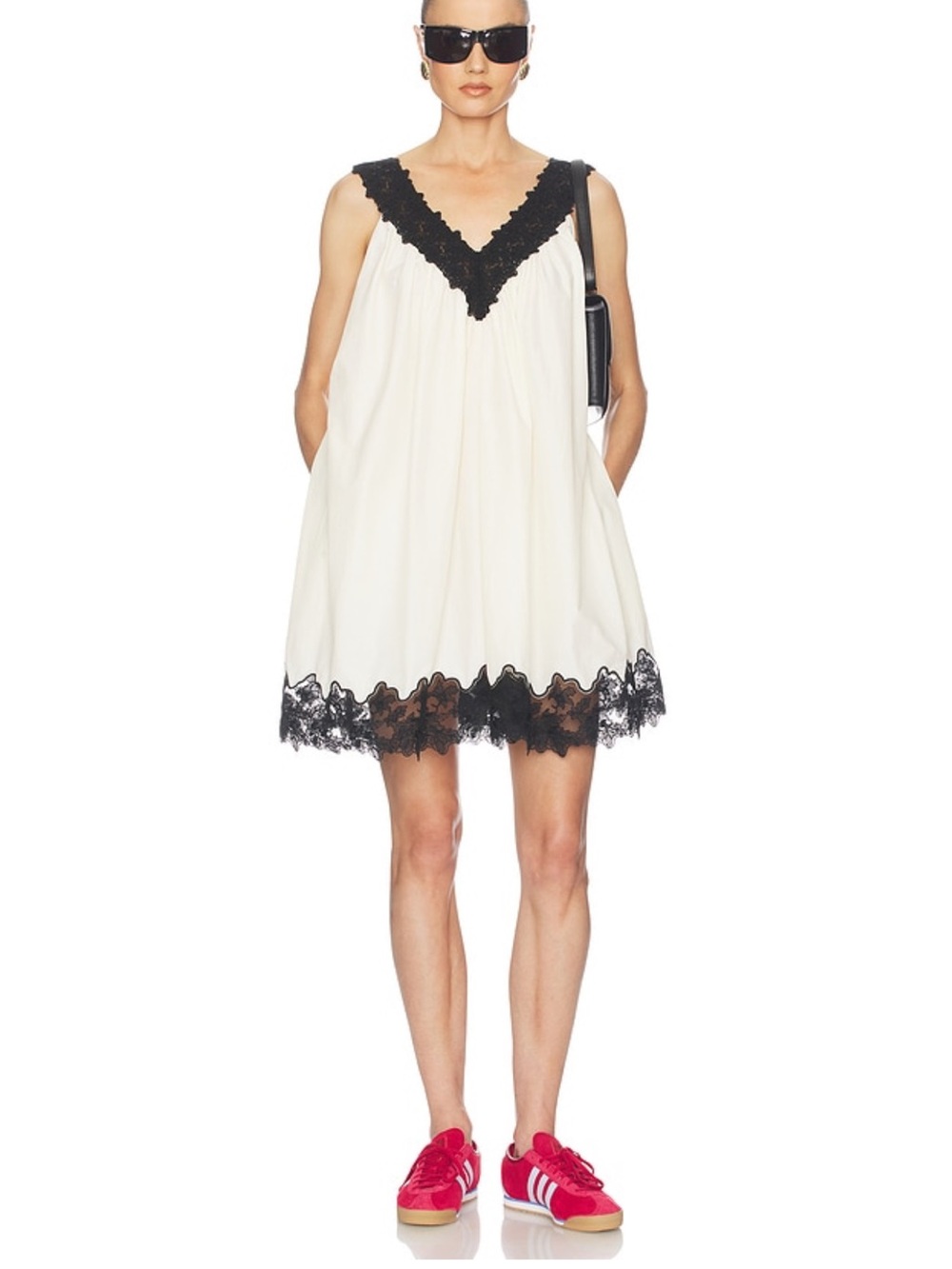 Helsa Mini Dress With Lace in Tech Poplin in Cream With Black Lace, S M L